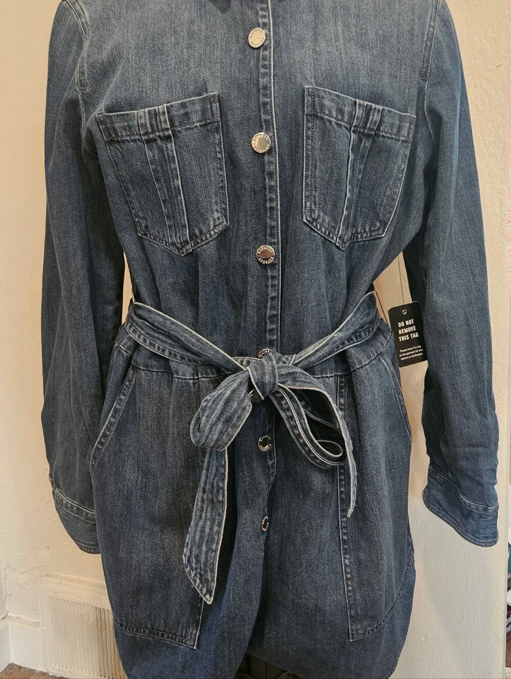 Express Denim Jean Romper Size Large – Button Front Belted Blue Jean Romper for - Picture 3 of 7